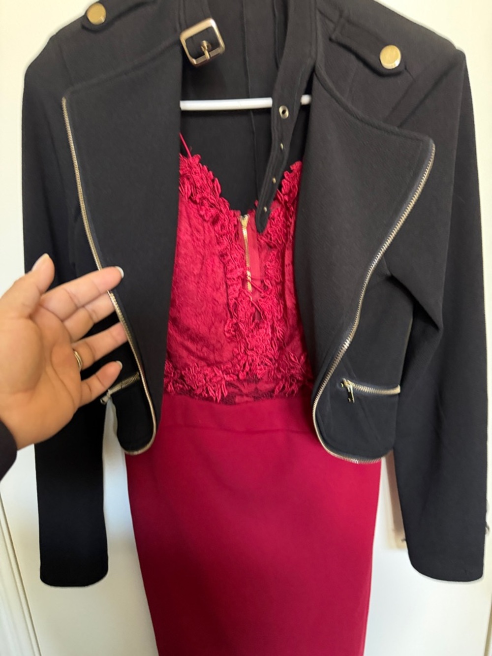 Black Moto Jacket with Red Lace Dress